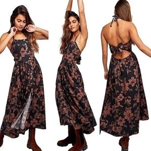 Free People Floral Midi Dress Black Brown Java Combo Perfect Sundress